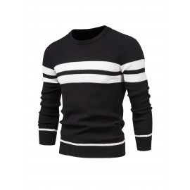 All-Match Striped Knitted Sweater, Men's Casual Warm High Stretch Crew Neck Pullover Sweater For Fall Winter