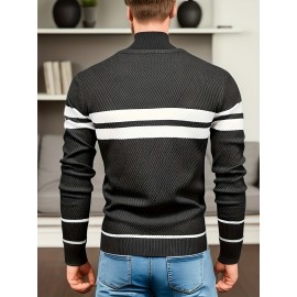 All-Match Striped Knitted Sweater, Men's Casual Warm High Stretch Crew Neck Pullover Sweater For Fall Winter