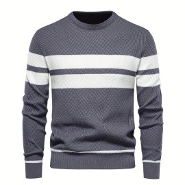 All-Match Striped Knitted Sweater, Men's Casual Warm High Stretch Crew Neck Pullover Sweater For Fall Winter