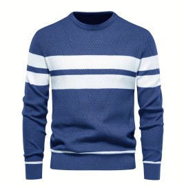 All-Match Striped Knitted Sweater, Men's Casual Warm High Stretch Crew Neck Pullover Sweater For Fall Winter