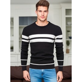 All-Match Striped Knitted Sweater, Men's Casual Warm High Stretch Crew Neck Pullover Sweater For Fall Winter