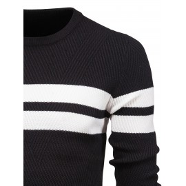 All-Match Striped Knitted Sweater, Men's Casual Warm High Stretch Crew Neck Pullover Sweater For Fall Winter