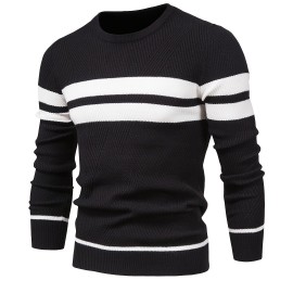 All-Match Striped Knitted Sweater, Men's Casual Warm High Stretch Crew Neck Pullover Sweater For Fall Winter