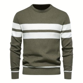 All-Match Striped Knitted Sweater, Men's Casual Warm High Stretch Crew Neck Pullover Sweater For Fall Winter