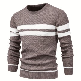 All-Match Striped Knitted Sweater, Men's Casual Warm High Stretch Crew Neck Pullover Sweater For Fall Winter