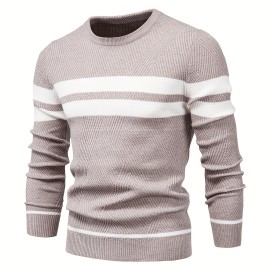 All-Match Striped Knitted Sweater, Men's Casual Warm High Stretch Crew Neck Pullover Sweater For Fall Winter