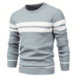 All-Match Striped Knitted Sweater, Men's Casual Warm High Stretch Crew Neck Pullover Sweater For Fall Winter