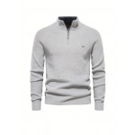 Cotton Stand Collar Knitted Sweater, Men's Casual Warm Solid Pullover Sweater For Fall Winter