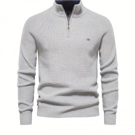 Cotton Stand Collar Knitted Sweater, Men's Casual Warm Solid Pullover Sweater For Fall Winter