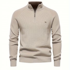 Cotton Stand Collar Knitted Sweater, Men's Casual Warm Solid Pullover Sweater For Fall Winter