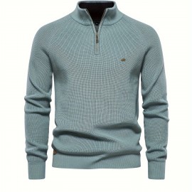 Cotton Stand Collar Knitted Sweater, Men's Casual Warm Solid Pullover Sweater For Fall Winter