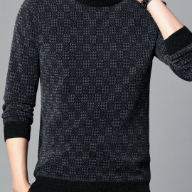 Men's Stylish Loose Geometric Pattern Sweater, Casual Breathable Long Sleeve Crew Neck Top For City Walk Street Hanging Outdoor Activities