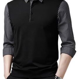 Striped Elegant Chic Knit Fake Two-Piece Pullover, Men's Casual Lapel Slightly Stretch V-Neck Sweater For Men Winter Fall