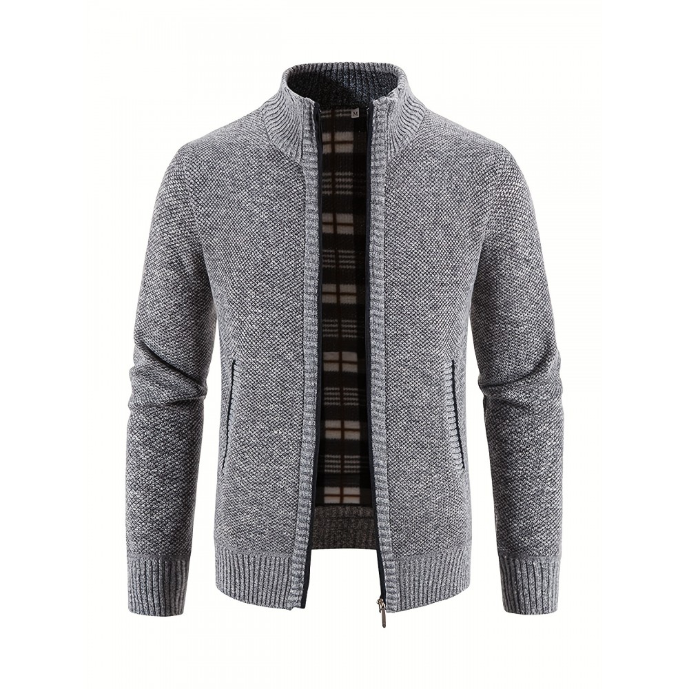 Men's Full Zip Up Casual Cardigan, Patchwork Thermal Regular Fit Knit Sweater