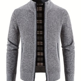 Men's Full Zip Up Casual Cardigan, Patchwork Thermal Regular Fit Knit Sweater