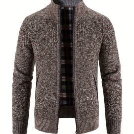 Men's Full Zip Up Casual Cardigan, Patchwork Thermal Regular Fit Knit Sweater