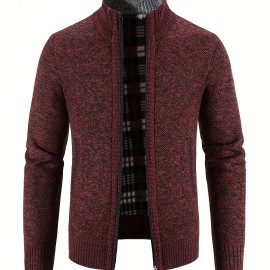 Men's Full Zip Up Casual Cardigan, Patchwork Thermal Regular Fit Knit Sweater