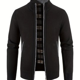 Men's Full Zip Up Casual Cardigan, Patchwork Thermal Regular Fit Knit Sweater