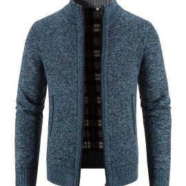 Men's Full Zip Up Casual Cardigan, Patchwork Thermal Regular Fit Knit Sweater