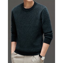 Men's Stylish Loose Solid Knitted Sweater, Casual Slightly Stretch Breathable Long Sleeve Crew Neck Top For City Walk Street Hanging Outdoor Activities