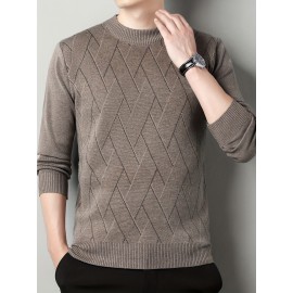 All Match Knitted Solid Sweater, Men's Casual Warm Mid Stretch Crew Neck Pullover Sweater For Men Fall Winter