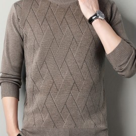 All Match Knitted Solid Sweater, Men's Casual Warm Mid Stretch Crew Neck Pullover Sweater For Men Fall Winter