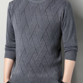 All Match Knitted Solid Sweater, Men's Casual Warm Mid Stretch Crew Neck Pullover Sweater For Men Fall Winter