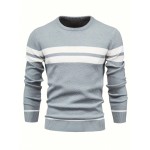 Men's Color Block Round Neck Sweater, Trendy Stretch Thermal Tops