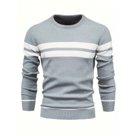 Men's Color Block Round Neck Sweater, Trendy Stretch Thermal Tops