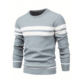 Men's Color Block Round Neck Sweater, Trendy Stretch Thermal Tops