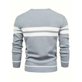 Men's Color Block Round Neck Sweater, Trendy Stretch Thermal Tops