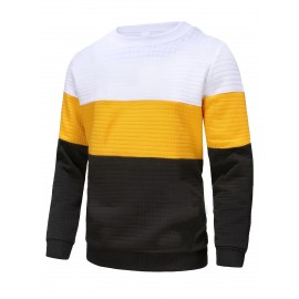 All Match Loose Fit Knitted Waffle Pattern Sweater, Men's Color Block Casual Warm Slightly Stretch Crew Neck Pullover Sweater For Men Fall Winter