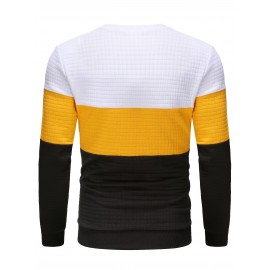 All Match Loose Fit Knitted Waffle Pattern Sweater, Men's Color Block Casual Warm Slightly Stretch Crew Neck Pullover Sweater For Men Fall Winter