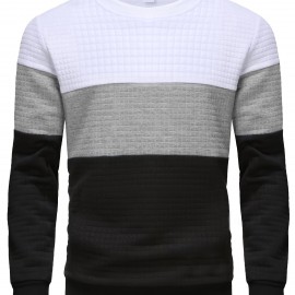 All Match Loose Fit Knitted Waffle Pattern Sweater, Men's Color Block Casual Warm Slightly Stretch Crew Neck Pullover Sweater For Men Fall Winter