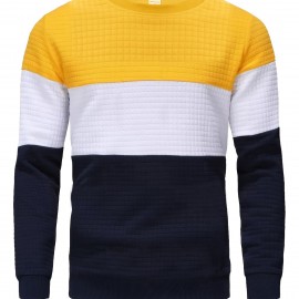 All Match Loose Fit Knitted Waffle Pattern Sweater, Men's Color Block Casual Warm Slightly Stretch Crew Neck Pullover Sweater For Men Fall Winter