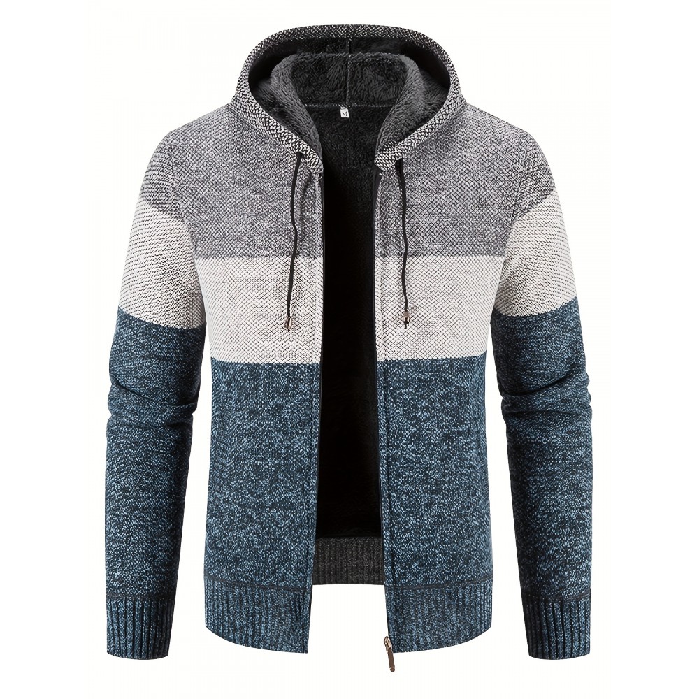 Warm Zip Up Hooded Fleece Jacket Sweater, Men's Casual Slightly Stretch Color Block Cardigan For Fall Winter