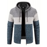 Warm Zip Up Hooded Fleece Jacket Sweater, Men's Casual Slightly Stretch Color Block Cardigan For Fall Winter