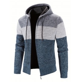 Warm Zip Up Hooded Fleece Jacket Sweater, Men's Casual Slightly Stretch Color Block Cardigan For Fall Winter