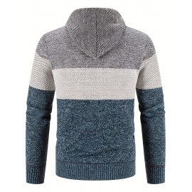 Warm Zip Up Hooded Fleece Jacket Sweater, Men's Casual Slightly Stretch Color Block Cardigan For Fall Winter