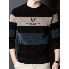 Color Block Knitted Sweater, Men's Casual Warm Mid Stretch Crew Neck Pullover Sweater For Men Fall Winter