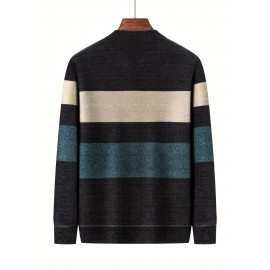 Color Block Knitted Sweater, Men's Casual Warm Mid Stretch Crew Neck Pullover Sweater For Men Fall Winter