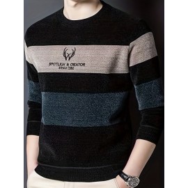 Color Block Knitted Sweater, Men's Casual Warm Mid Stretch Crew Neck Pullover Sweater For Men Fall Winter