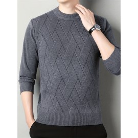 Men's Stylish Geometric Pattern Knitted Pullover, Casual Breathable Long Sleeve Crew Neck Top For City Walk Street Hanging Outdoor Activities