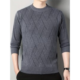 Men's Stylish Geometric Pattern Knitted Pullover, Casual Breathable Long Sleeve Crew Neck Top For City Walk Street Hanging Outdoor Activities