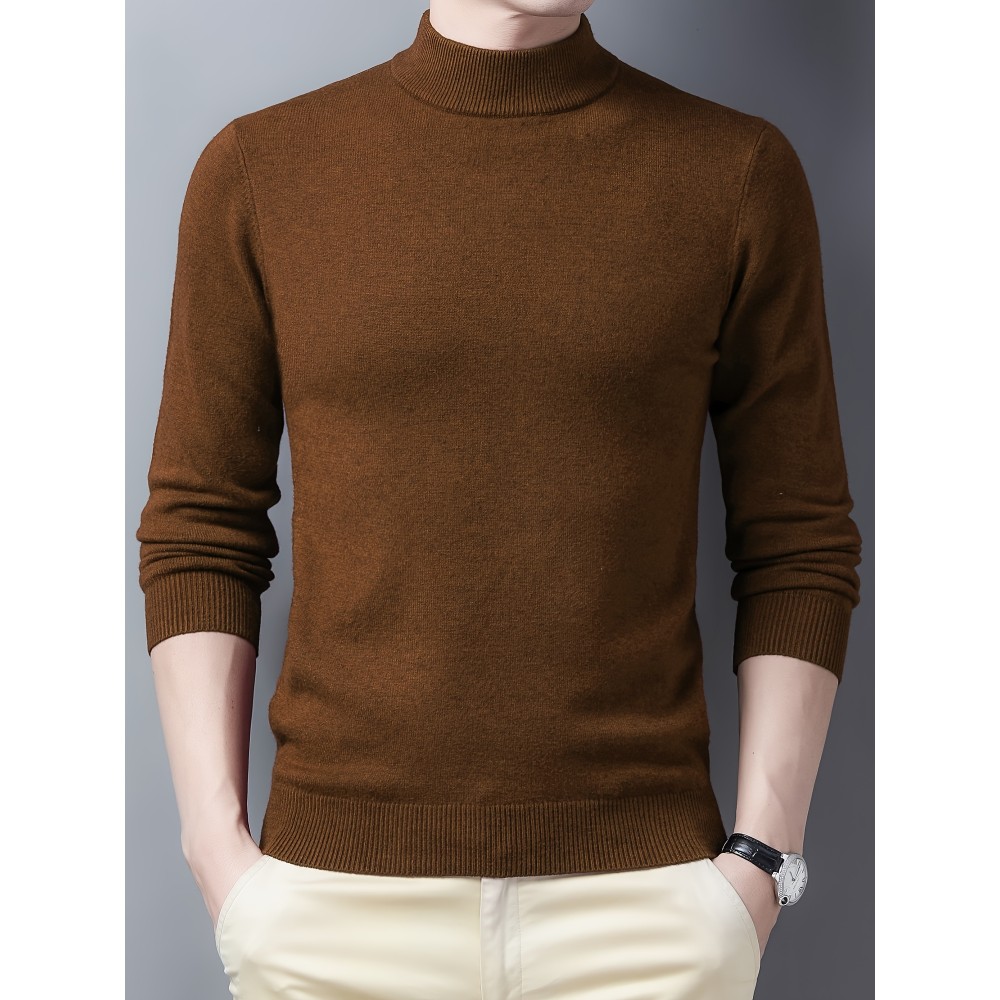 Men's Trendy Solid Knitted Pullover, Casual Mid Stretch Breathable Turtle Neck Base Layer For Outdoor Fall Winter