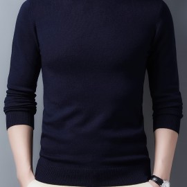 Men's Trendy Solid Knitted Pullover, Casual Mid Stretch Breathable Turtle Neck Base Layer For Outdoor Fall Winter