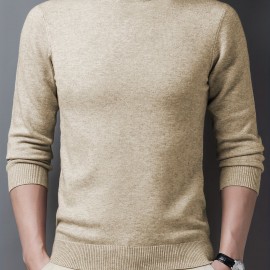 Men's Trendy Solid Knitted Pullover, Casual Mid Stretch Breathable Turtle Neck Base Layer For Outdoor Fall Winter