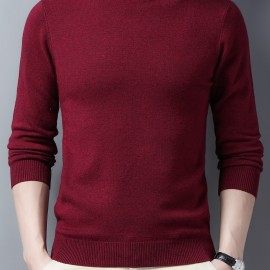 Men's Trendy Solid Knitted Pullover, Casual Mid Stretch Breathable Turtle Neck Base Layer For Outdoor Fall Winter