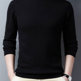 Men's Trendy Solid Knitted Pullover, Casual Mid Stretch Breathable Turtle Neck Base Layer For Outdoor Fall Winter