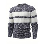 All Match Knitted Color Block Sweater, Men's Casual Warm Mid Stretch Round Neck Pullover Sweater For Fall Winter